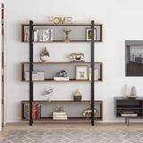 17 Stories Wide 5-Shelf Bookcase Modern Industrial Bookshelf w/ Metal Wire Book Storage Shelf Organizer For Home Office Wood in Brown | Wayfair