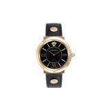 Black Dial Stainless Steel & Leather Strap Watch - Black - Versace Watches
