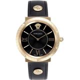 Black Dial Stainless Steel & Leather Strap Watch - Black - Versace Watches