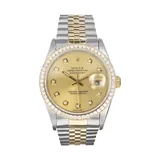 Pre-owned Rolex Men’s 36 MillimeterStainless Steel and 18k Gold DateJust Jubilee with Champagne Diamond Dial and Diamond Bezel Watch - F