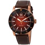 Orange Dial Brown Leather Watch -13x - Brown - Citizen Watches