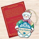 The Holiday Aisle® Merry Christmas Snowman Wooden Hanging Figurine Ornament Wood in Blue/Brown/Green, Size 5.0 H x 4.0 W x 0.25 D in | Wayfair