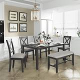 Gracie Oaks 6-piece Kitchen Dining Table Set Wooden Rectangular Dining Table, 4 Dining Chair & Bench (grey) Wood/Upholstered Chairs in Gray | Wayfair