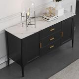 Everly Quinn Modern Black Faux Marble Top Buffet Drawers & Doors Kitchen Cabinet Gold Pull In Small Wood in Black/Brown/Gray | Wayfair