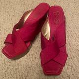Jessica Simpson Shoes | High Heel Satin And Brown Wood Slip On. More Fuchsia Color Then Pink. | Color: Pink | Size: 10