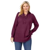Plus Size Women's Washed Thermal Lace-Up Hooded Sweatshirt by Woman Within in Deep Claret (Size 30/32)