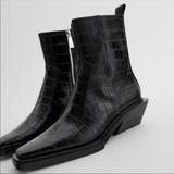 Zara Shoes | Nwt Zara Black Animal Print Ankle Boots Geometrical Cowboy Heel | Color: Black | Size: 8