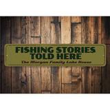 Lizton Sign Shop, Inc Fishing Stories Told Here Metal Sign in Green, Size 4.0 H x 18.0 W x 0.04 D in | Wayfair 1109-A418