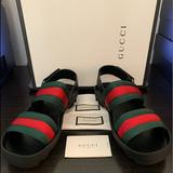 Gucci Shoes | Men's Gucci Black Cirano Leather Nylon Red Green Web Logo Sandals 14 Us 13 G | Color: Black | Size: 14