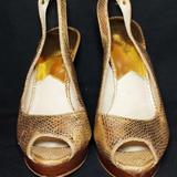 Michael Kors Shoes | Gold Michael Kors Peep Toes Open Back Sling Back Stiletto Snake Skin Heels | Color: Brown/Gold | Size: 9