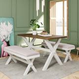 Gracie Oaks 3 Pieces Farmhouse Rustic Wood Kitchen Dining Table Set w/ 2 Benches Wood/Upholstered Chairs in White/Brown, Size 30.1 H in Wayfair