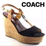 Coach Shoes | Coach Linden Black Canvas Ginger Leather Cork Which Platform Sandal Sz 9 | Color: Black/Brown | Size: 9