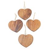 Wood ornaments, 'Simple Hearts' (set of 4)