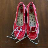 Vans Shoes | Gently Used Vans Womens Red Satin Slip On Boat Shoes Size 6 White Leather Laces | Color: Red | Size: 6