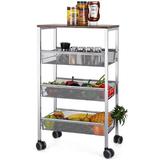 Caribbean 4-Tier Rolling Utility Storage Cart, Rustic Mesh Wire Kitchen Serving Cart w/ 3 Metal Baskets, Wood Look Table Top, Lockable Casters