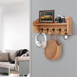 Gracie Oaks Coat Hooks w/ Shelf Wall-Mounted, Rustic Wood Wall Shelf w/ 5 Metal Hooks in Brown, Size 9.25 H x 12.6 W x 4.4 D in | Wayfair
