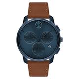 Movado Bold Chronograph Leather Strap Watch, 42mm in Cognac/Blue at Nordstrom