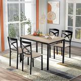 GODEER 5-Piece Rectangle Industrial Wooden Top Oak Dining Table Set with Metal Frame and 4-Ergonomic Chairs, Brown