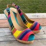 Nine West Shoes | Nine West Leggyr Multicolored Woven Slingback Peep Toe Cork Wedge Sandals 10m | Color: Blue/Yellow | Size: 10