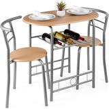 EcoDecors 3-Piece Wooden Round Table & Chair Set For Kitchen, Dining Room, Compact Space W/Steel Frame, Built-In Wine Rack Wood/Metal in Gray/Brown