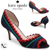 Kate Spade Shoes | Kate Spade Saranne D'orsay Peep Toe Heel Black Red Blue Green Trim Pump Shoe 5.5 | Color: Black/Red | Size: 5.5