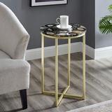 Everly Quinn Modern Metal & Marble Round Side Accent Table Living Room Storage Small End Table, 16 Inch Glass/Metal in Black | Wayfair