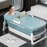 DENFER 54.3 Inches Portable Bathtub Thickened Foldable Home SPA Bath Barrel W/Cover in Blue/White, Size 20.5 H x 23.6 W x 54.3 D in | Wayfair