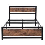 17 Stories Industrial Style Full Size Platform Bed w/ Slats No Box Spring Needed Metal & Wood Bed Frame w/ Headboard & Footboard Wood/Metal in Brown