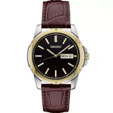 Seiko Men's Essential Two Tone Brown Leather Strap Watch -SUR360, Size: Large, Black