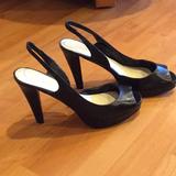 Nine West Shoes | Black Leather Platform Peep Toe Sling Backs | Color: Black | Size: 8