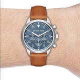 Michael Kors Accessories | Gently Used. Michael Kors Gage Stainless Steel Chronograph Watch | Color: Blue/Tan | Size: Os
