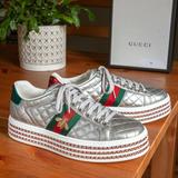 Gucci Shoes | Gucci Ace Silver Quilted Leather Crystal Platform Sneakers - 8 Us (38 Eu) | Color: Red/Silver | Size: 8