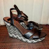 American Eagle Outfitters Shoes | American Eagle Wedge Sandal High Heels Womens 11 Chevron Multicolor Shoes Ankle | Color: Black/Gray | Size: 11