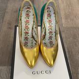Gucci Shoes | Gucci 4inch Heels, No Scratches Gold, Green And Back Animal Print | Color: Green/Yellow | Size: 8