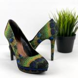 Nine West Shoes | Nine West Makaylao Peacock Print Fabric Platform Pump Heel 7 | Color: Blue/Green | Size: 7