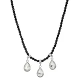 1928 Silver Tone Black Bead Crystal Trio Teardrop Necklace, Women's