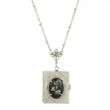 1928 Silver Tone Black Floral Cabochon Four-Slot Book Locket Necklace, Women's