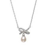 Belk & Co Women's 6-7 Millimeter Cultured Freshwater Pearl and Lab Created Sapphire Bow 18 Inch Necklace in Sterling Silver, White