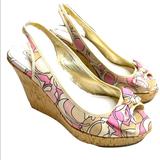 Coach Shoes | Coach Gwynnie Monogram Peep Toe Cork Wedge Sandals Gently Used | Color: Cream/Pink | Size: 9