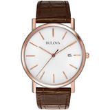 Classic Rose Gold Case White Dial Embossed Leather Watch - Brown - Bulova Watches