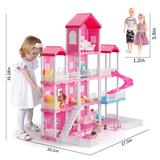 UNIQUE^ Dream House Doll House w/ Doll Toy Figures, 4-Story 10 Rooms Dollhouse w/ Accessories & Furniture, Toddler Playhouse Gift For Ages 3 Toys F