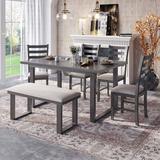 Gracie Oaks Wood Dining Room Set Rrectangle Table & 4 Chairs w/ Bench, Family Furniture Set Of 6 Wood/Upholstered Chairs in Brown/Gray | Wayfair