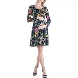 24seven Comfort Apparel Print Maternity Black Floral Long Sleeve Knee Length Dress