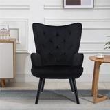 Accent Chair - Everly Quinn Velvet Fabric Accent Chair Modern Tufted Button Wingback Vanity Chair w/ Wood Feet,navy in Black Wayfair
