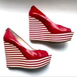 Michael Kors Shoes | Michael Kors Red Leather Adelia Peep Toe Platform Wedges Womens Size 10.5 | Color: Red/White | Size: 10.5