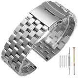 22mm Watch Band For Men Brushed Stainless Steel Watch Bracelet 5 Rows Engineer Wristband Heavy Double Lock Clasp Watch Belt Solid Metal Silver Strap