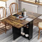EcoDecors Folding Dining Table w/ 6 Wheels, Folding Kitchen Table w/ 2-Layer Storage Shelf, Space Saving Dining Table For Small Apartment Wood