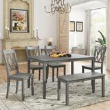 Gracie Oaks 6-piece Wooden Kitchen Table Set, Farmhouse Rustic Dining Table Set w/ Cross Back 4 Chairs & Bench,antique Graywash Wood in Brown/Gray