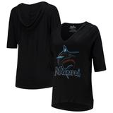 Women's Majestic Threads Black Miami Marlins Elbow Sleeve V-Neck Pullover Hoodie