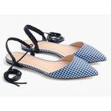 J. Crew Shoes | J. Crew Gingham Slingback Leather Tie Ankle Wrap Pointed Toe Flats Size 9.5 | Color: Blue/White | Size: 9.5